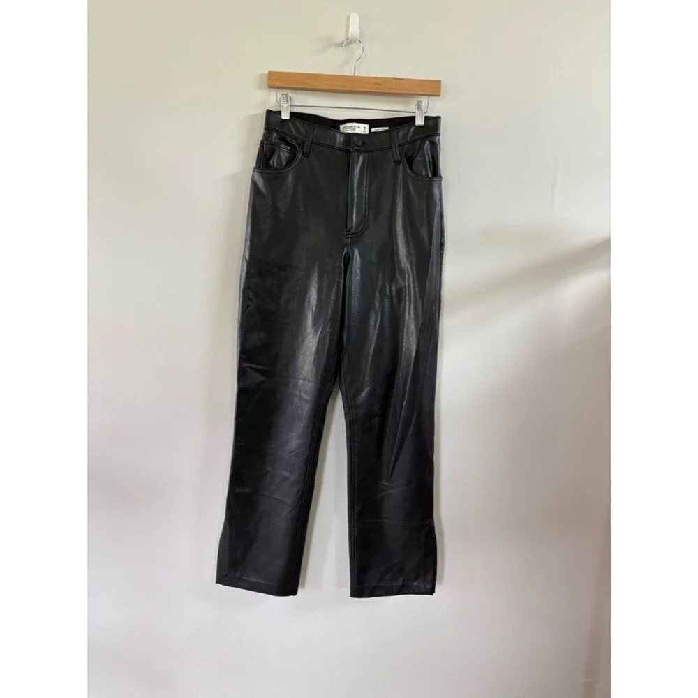 Abercrombie & Fitch The 90s Straight Ultra High Rise Black Leather Pants Size 29